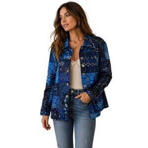 French Laundry XL Blue Patchwork Satin Button Front Jacket Boho